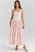 Corset Bodice Full-Skirt Midi Wedding Guest Dress with Pockets in Blush Floral