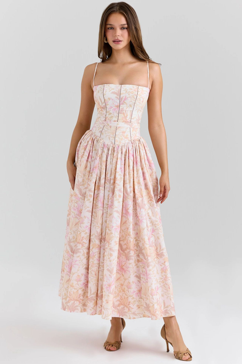 Corset Bodice Full-Skirt Midi Wedding Guest Dress with Pockets in Blush Floral