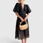 Puff-Sleeve Windowpane Organza Button-Front Midi Dress in Black