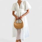 Puff-Sleeve Windowpane Organza Button-Front Midi Dress in White
