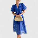 Puff-Sleeve Windowpane Organza Button-Front Midi Dress in Blue