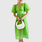 Puff-Sleeve Windowpane Organza Button-Front Midi Dress in Gree