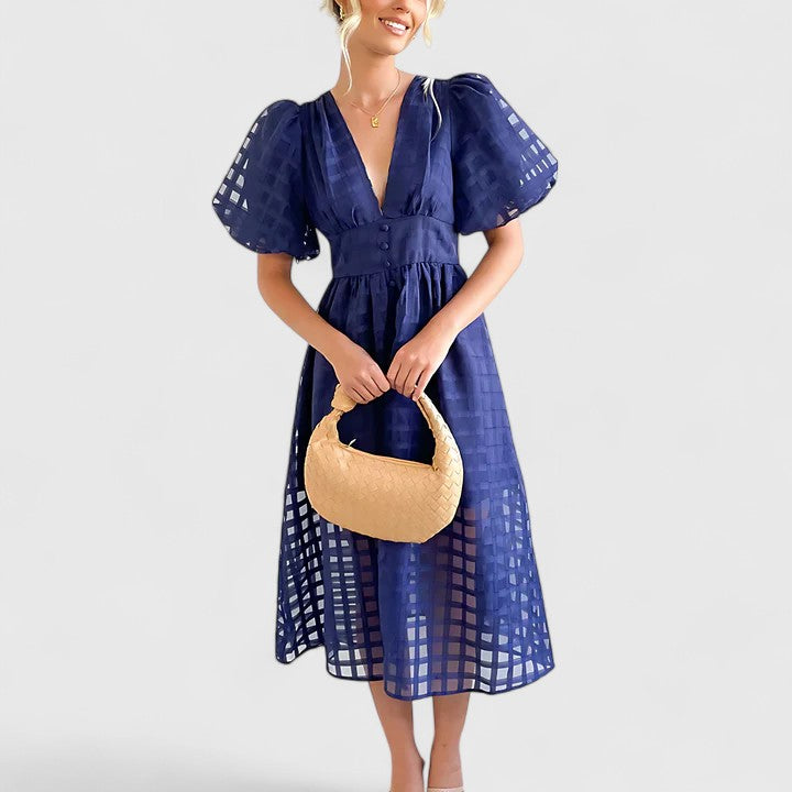 Puff-Sleeve Windowpane Organza Button-Front Midi Dress in Navy