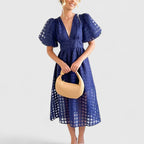 Puff-Sleeve Windowpane Organza Button-Front Midi Dress in Navy