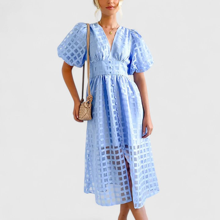 Puff-Sleeve Windowpane Organza Button-Front Midi Dress in Light Blue