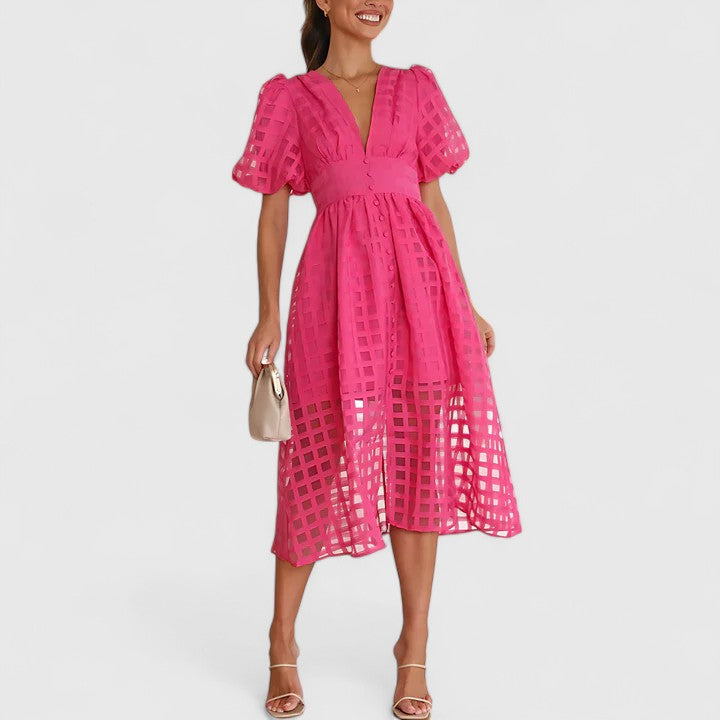 Puff-Sleeve Windowpane Organza Button-Front Midi Dress in Pink