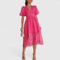 Puff-Sleeve Windowpane Organza Button-Front Midi Dress in Pink