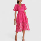 Puff-Sleeve Windowpane Organza Button-Front Midi Dress in Pink