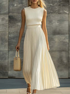 Sleeveless Ribbed Bodice Pleated Skirt Maxi Occasion Dress in Cream