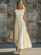 Sleeveless Ribbed Bodice Pleated Skirt Maxi Occasion Dress