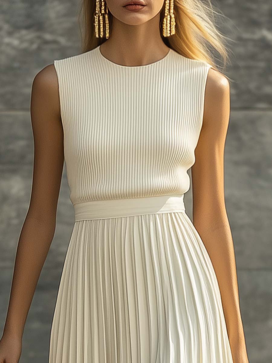 Sleeveless Ribbed Bodice Pleated Skirt Maxi Occasion Dress