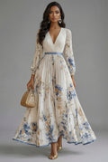 V-Neck Long-Sleeve Pleated Floral Print Chiffon Maxi Dress in White