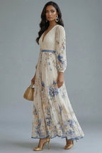 V-Neck Long-Sleeve Pleated Floral Print Chiffon Maxi Dress