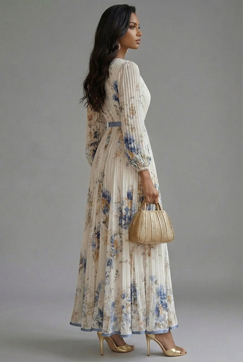 V-Neck Long-Sleeve Pleated Floral Print Chiffon Maxi Dress