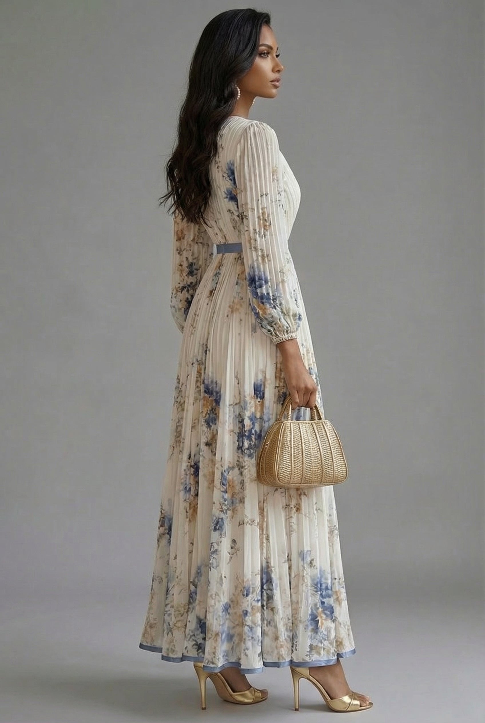 V-Neck Long-Sleeve Pleated Floral Print Chiffon Maxi Dress