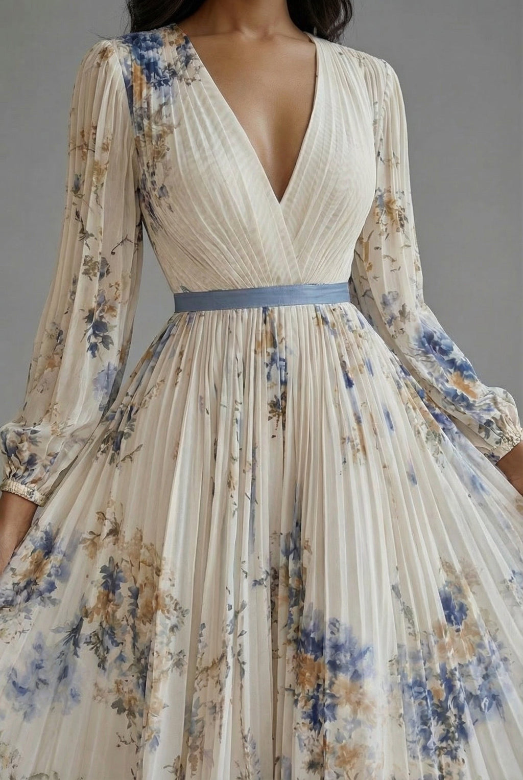 V-Neck Long-Sleeve Pleated Floral Print Chiffon Maxi Dress