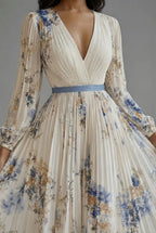 V-Neck Long-Sleeve Pleated Floral Print Chiffon Maxi Dress