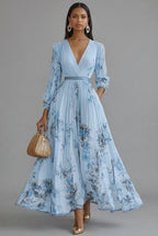 V-Neck Long-Sleeve Pleated Floral Print Chiffon Maxi Dress in Blue