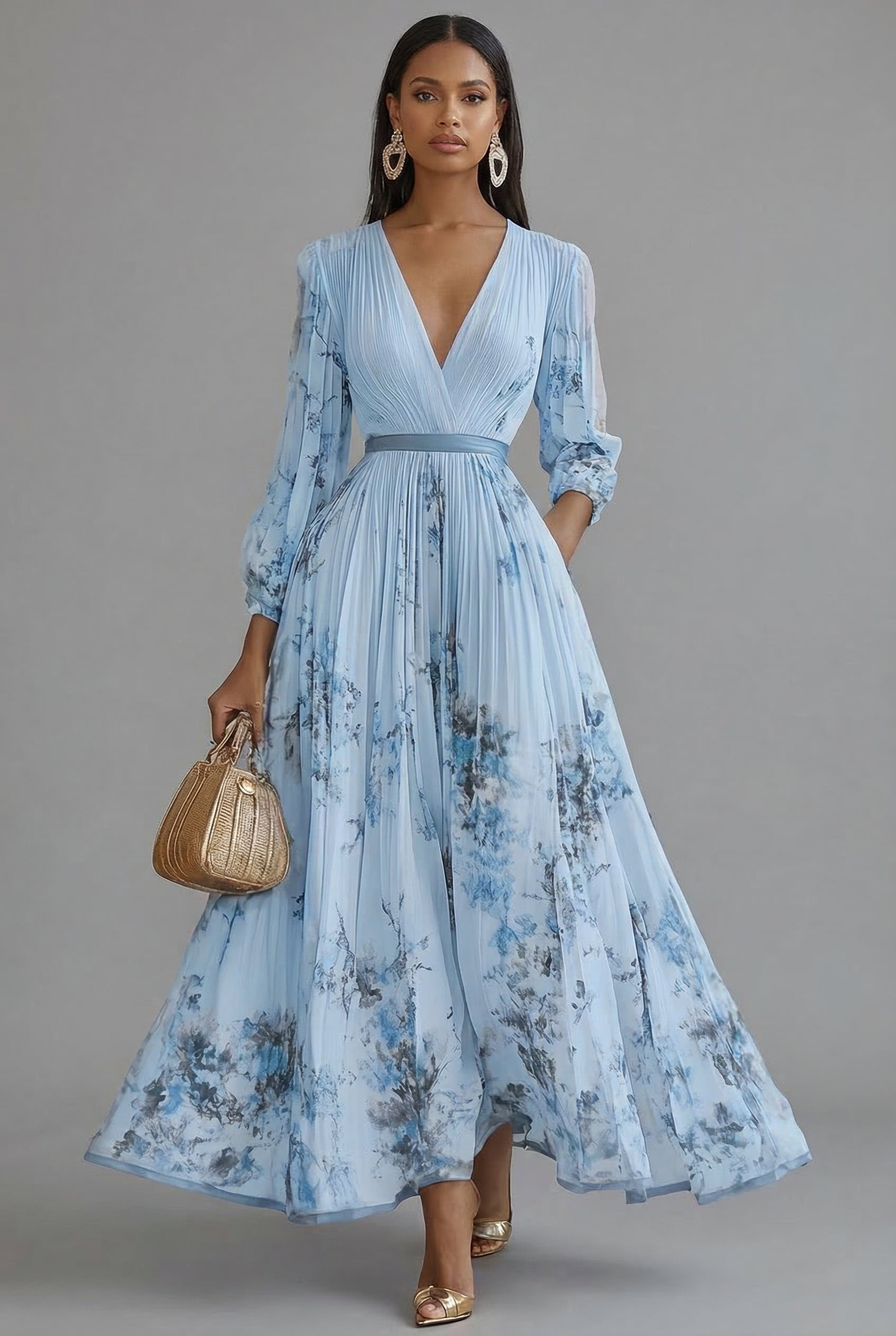 V-Neck Long-Sleeve Pleated Floral Print Chiffon Maxi Dress in Blue