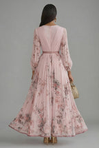 V-Neck Long-Sleeve Pleated Floral Print Chiffon Maxi Dress