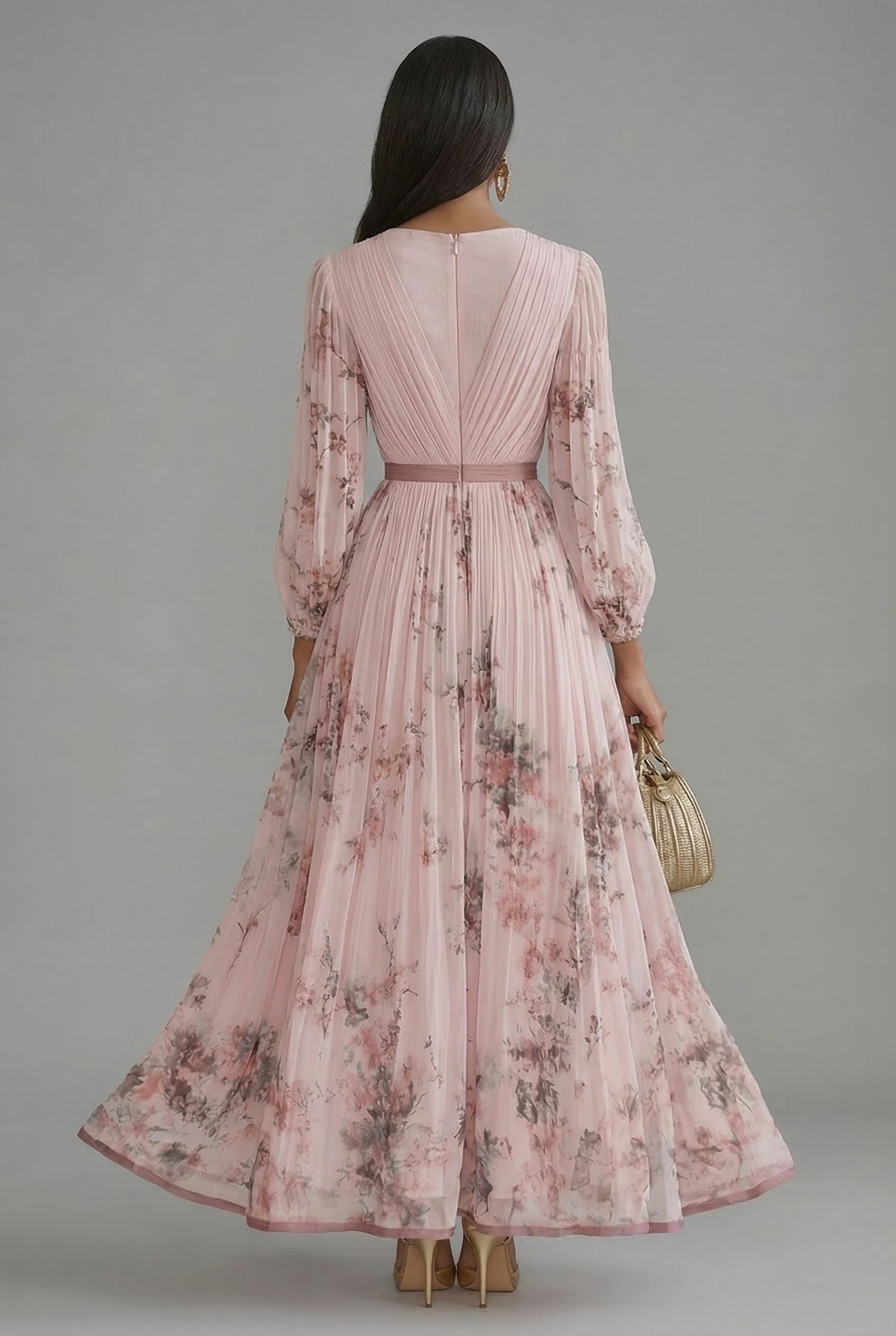 V-Neck Long-Sleeve Pleated Floral Print Chiffon Maxi Dress