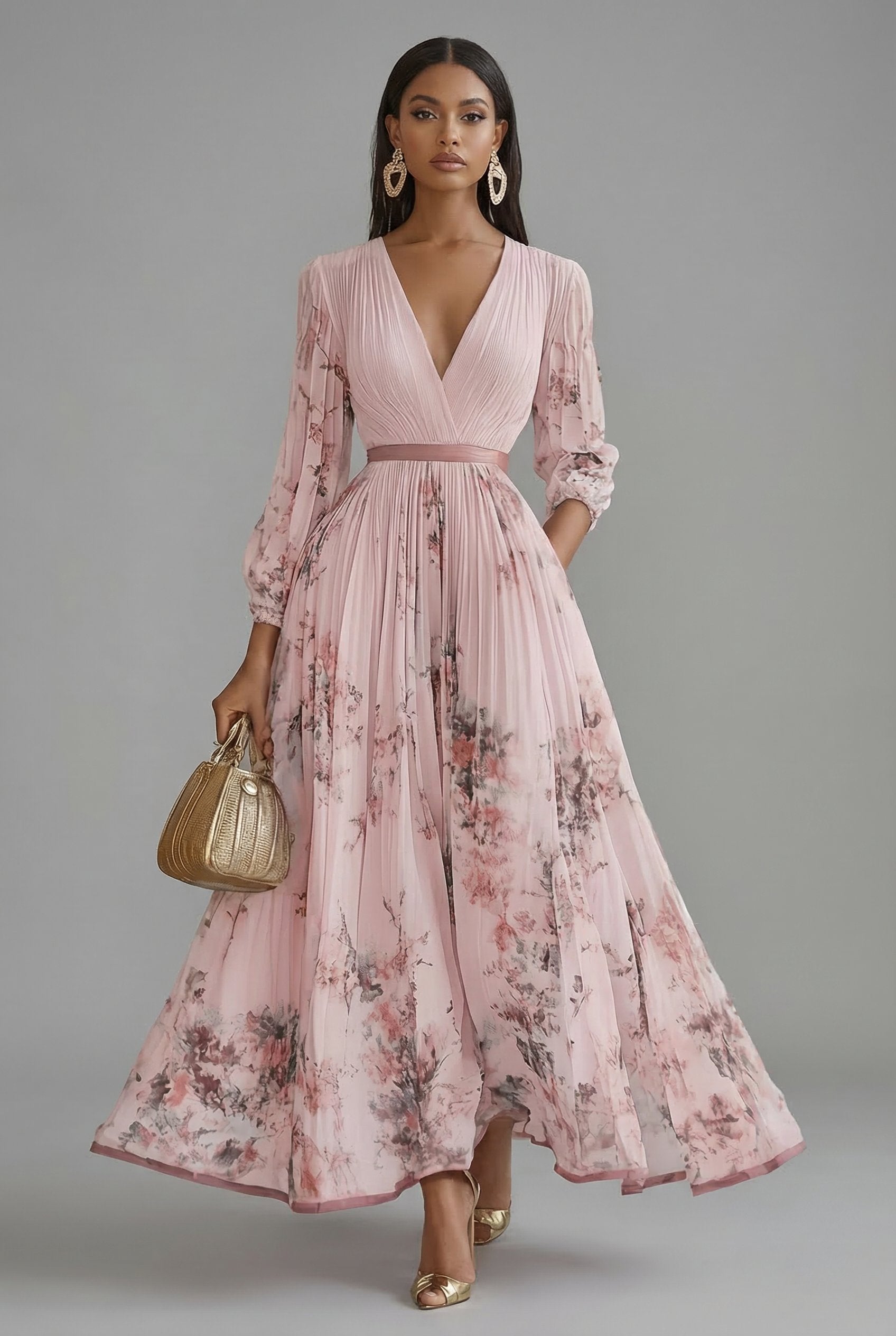 V-Neck Long-Sleeve Pleated Floral Print Chiffon Maxi Dress in Pink