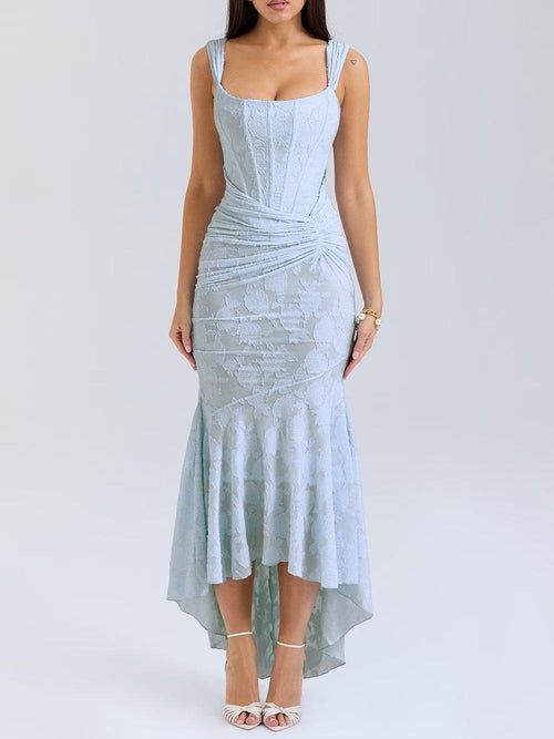 Corset Bodice Jacquard Mermaid High-Low Midi Occasion Dress in Blue