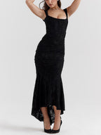 Corset Bodice Jacquard Mermaid High-Low Midi Occasion Dress in Black