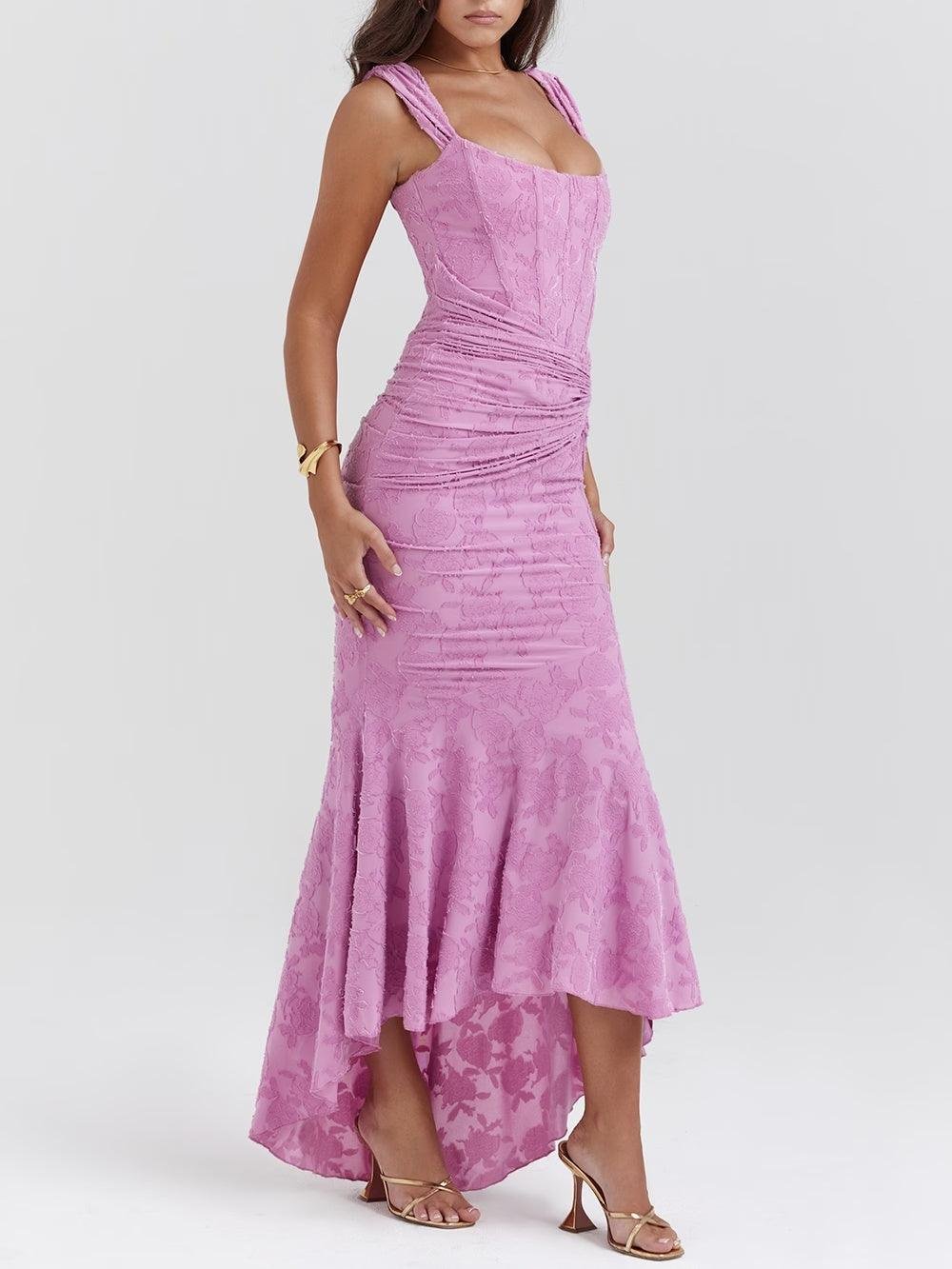 Corset Bodice Jacquard Mermaid High-Low Midi Occasion Dress in Purple