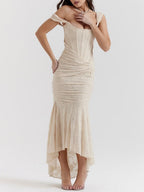Corset Bodice Jacquard Mermaid High-Low Midi Occasion Dress in White