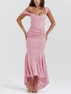 Corset Bodice Jacquard Mermaid High-Low Midi Occasion Dress in Pink