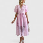 Puff-Sleeve Windowpane Organza Button-Front Midi Dress in Baby Pink
