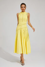 High-Neck Broderie Lace Flared Midi Wedding Guest Dress in Yellow