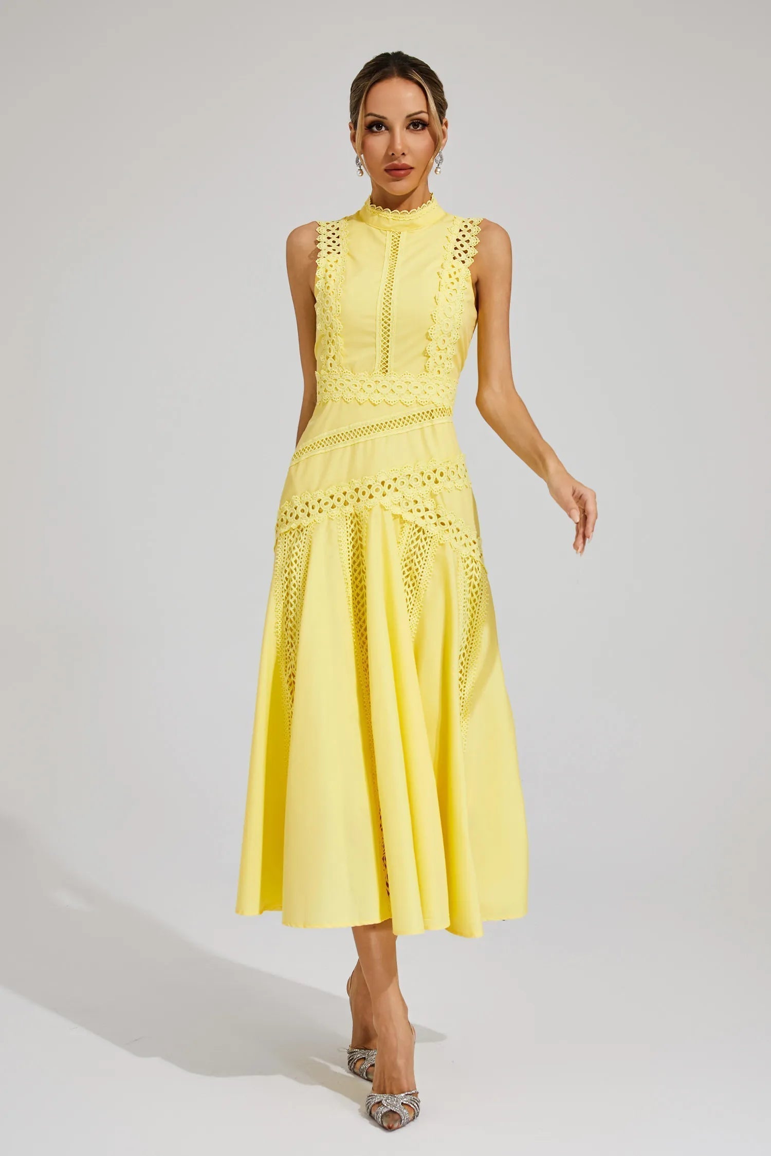 High-Neck Broderie Lace Flared Midi Wedding Guest Dress in Yellow