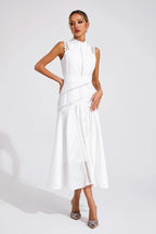 High-Neck Broderie Lace Flared Midi Wedding Guest Dress in White