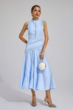 High-Neck Broderie Lace Flared Midi Wedding Guest Dress in Blue
