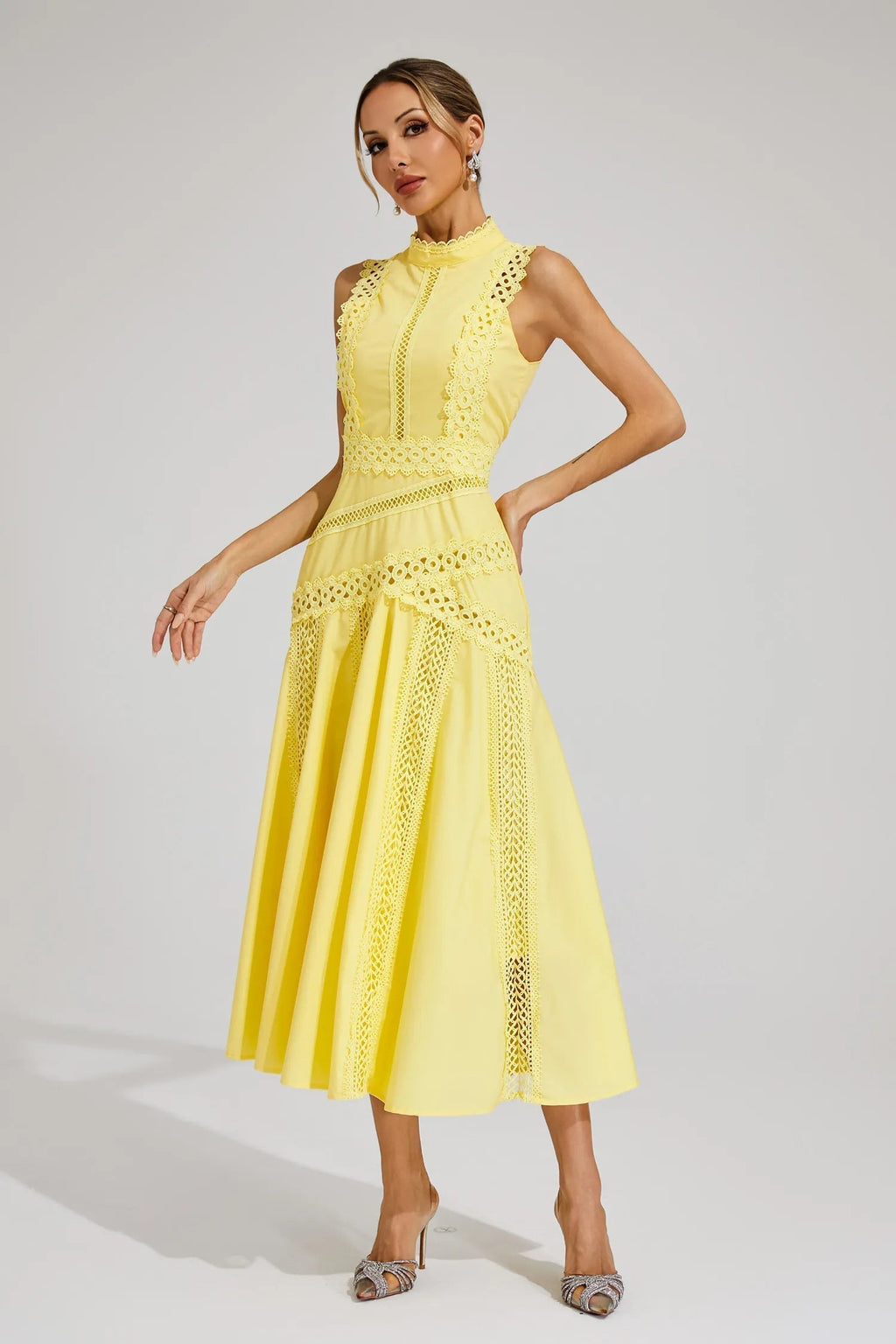 High-Neck Broderie Lace Flared Midi Wedding Guest Dress