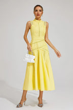 High-Neck Broderie Lace Flared Midi Wedding Guest Dress