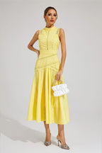 High-Neck Broderie Lace Flared Midi Wedding Guest Dress