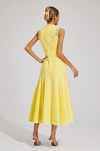 High-Neck Broderie Lace Flared Midi Wedding Guest Dress