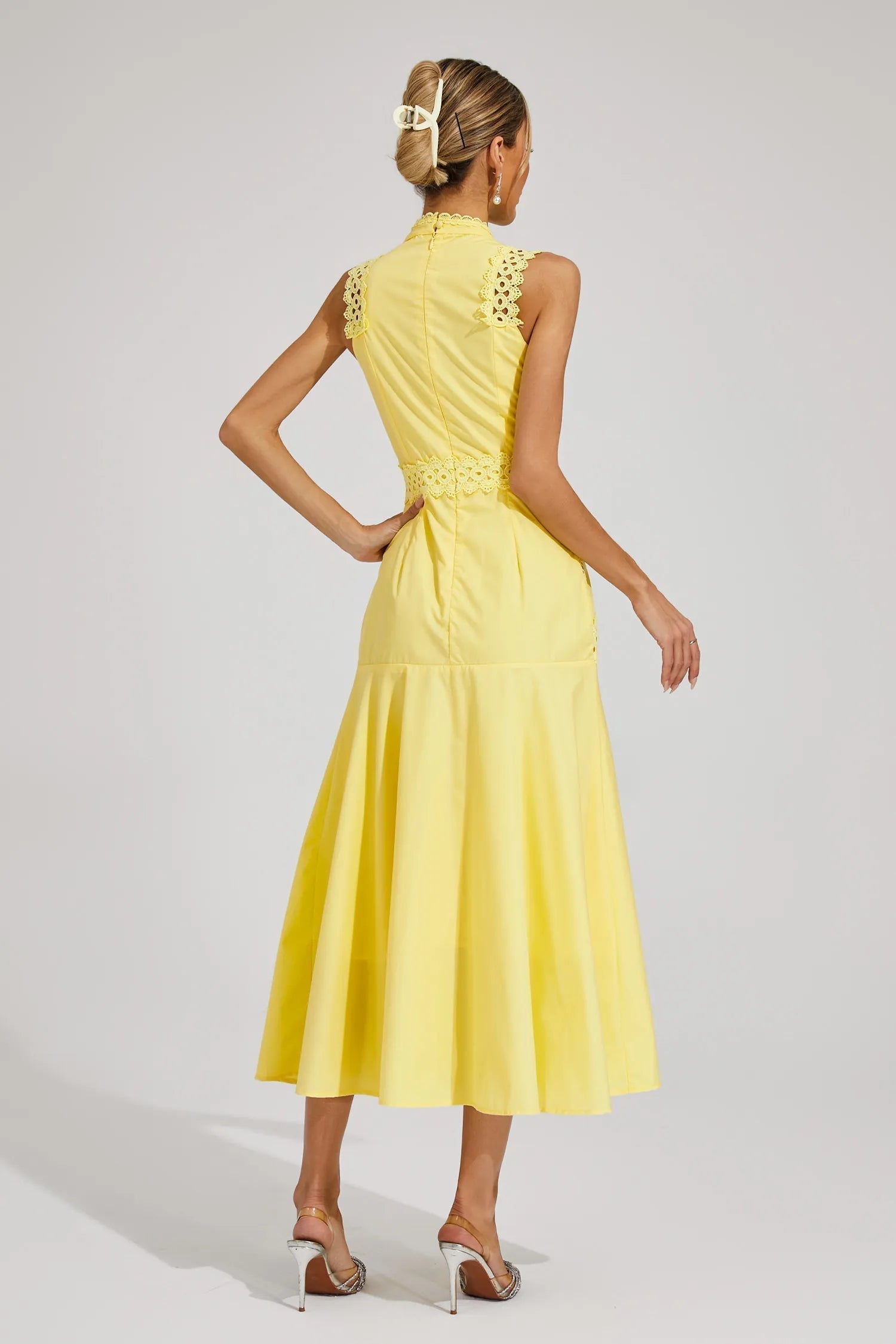 High-Neck Broderie Lace Flared Midi Wedding Guest Dress