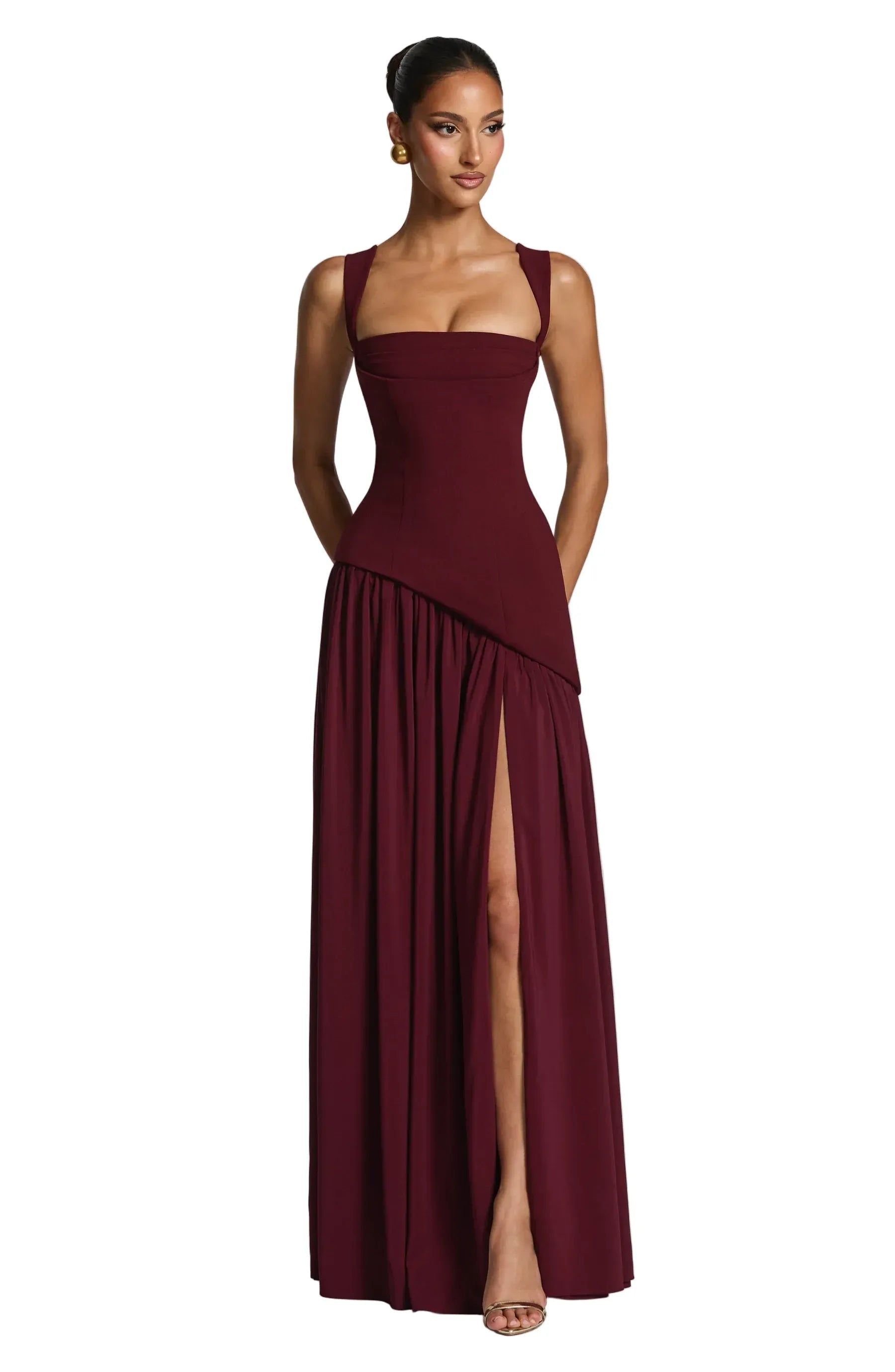 Square-Neck Fitted Maxi Dress with Scarf and High Slit in Burgundy