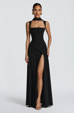 Square-Neck Fitted Maxi Dress with Scarf and High Slit in Black