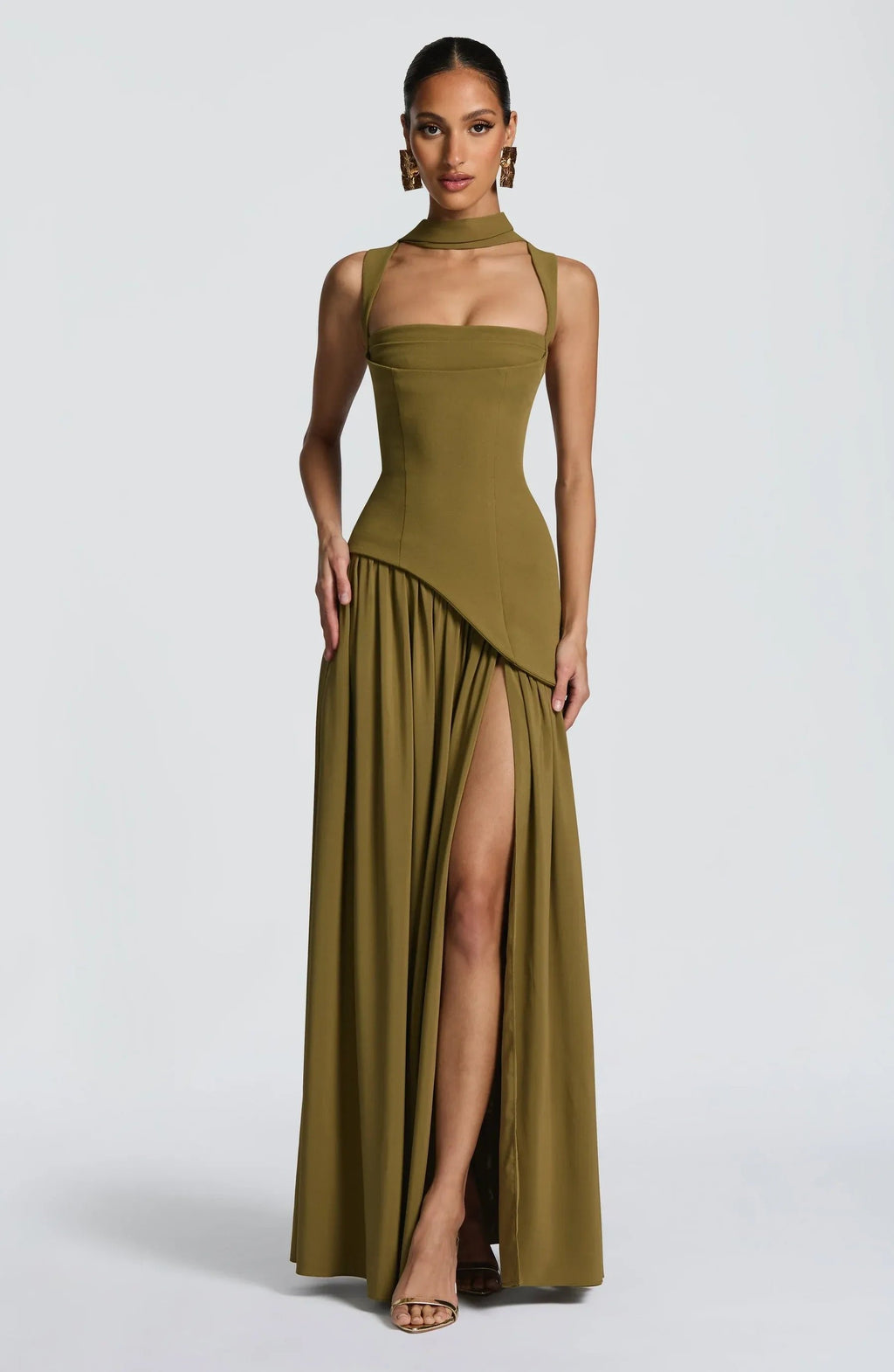 Square-Neck Fitted Maxi Dress with Scarf and High Slit in Gree