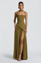 Square-Neck Fitted Maxi Dress with Scarf and High Slit in Gree