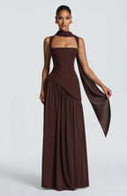 Square-Neck Fitted Maxi Dress with Scarf and High Slit in Brow