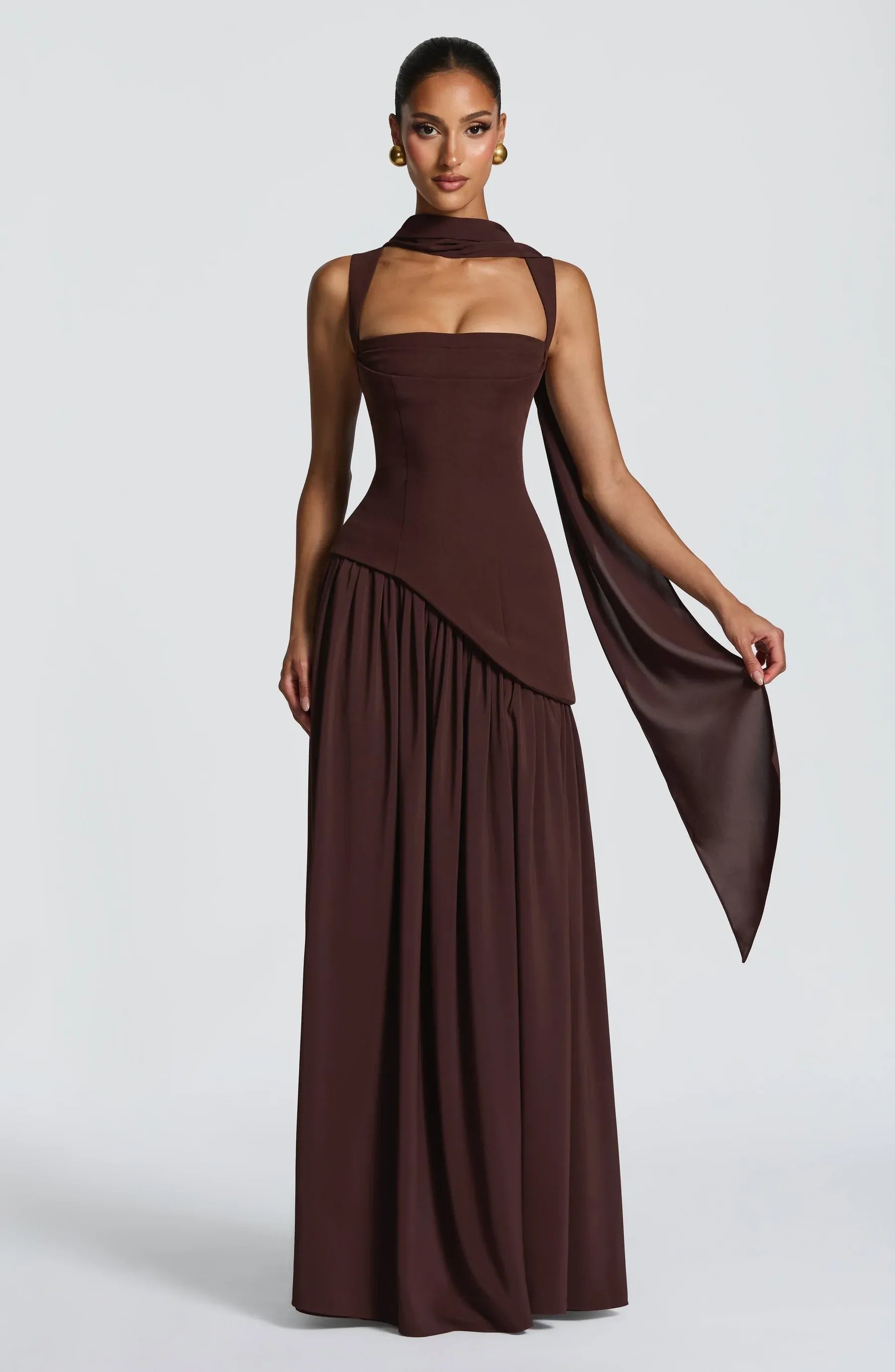 Square-Neck Fitted Maxi Dress with Scarf and High Slit in Brow