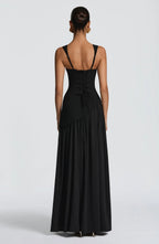 Square-Neck Fitted Maxi Dress with Scarf and High Slit