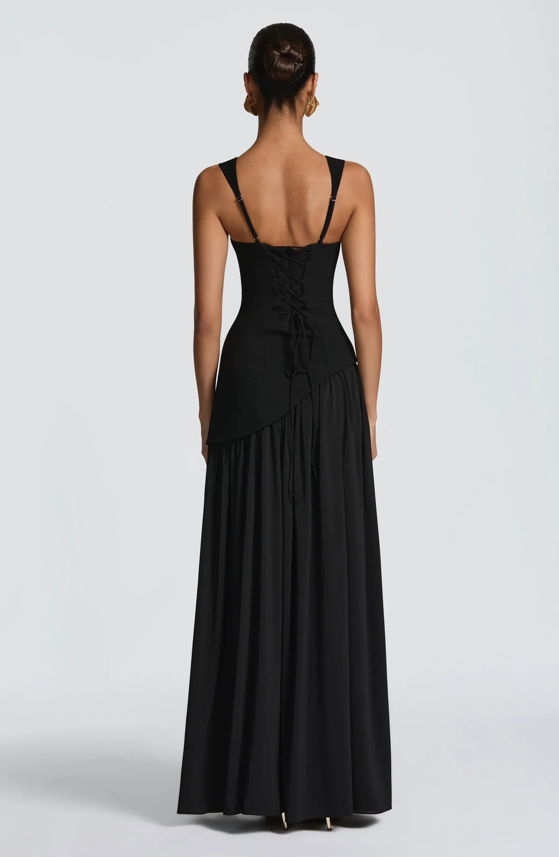 Square-Neck Fitted Maxi Dress with Scarf and High Slit
