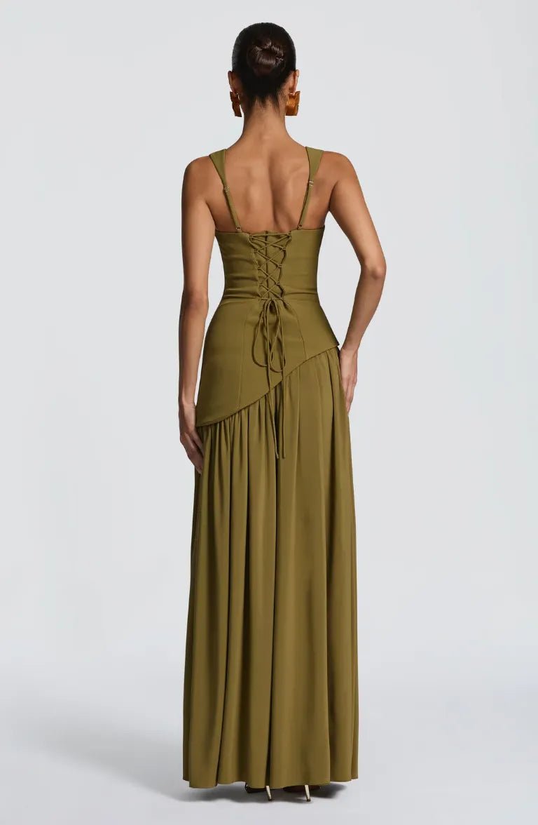 Square-Neck Fitted Maxi Dress with Scarf and High Slit